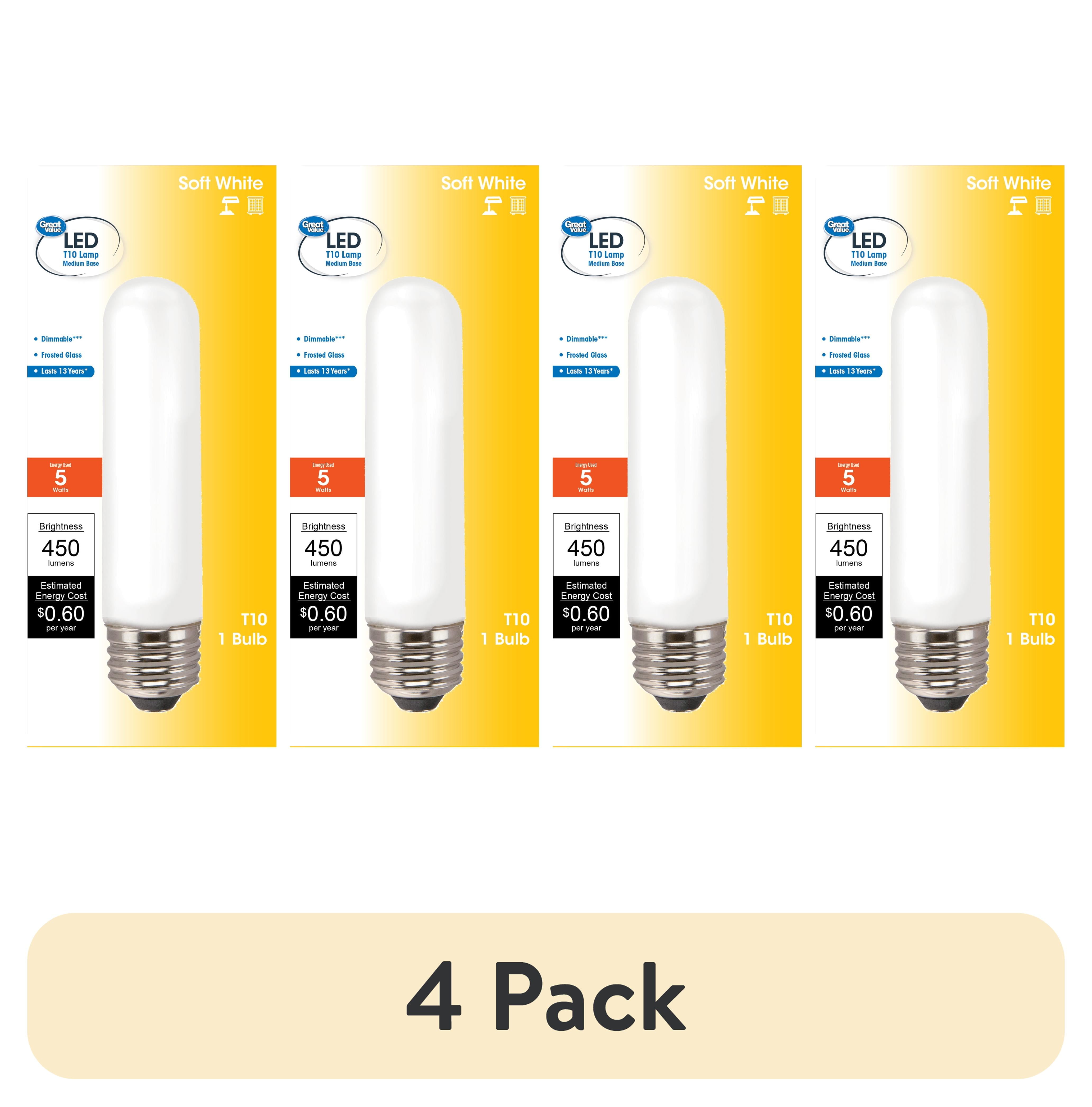 (4 pack) Great Value LED Light Bulb, 5 Watts (40W Equivalent) T10 Frosted Tube Lamp E26 Medium Base, Dimmable, Soft White, 1-Pack