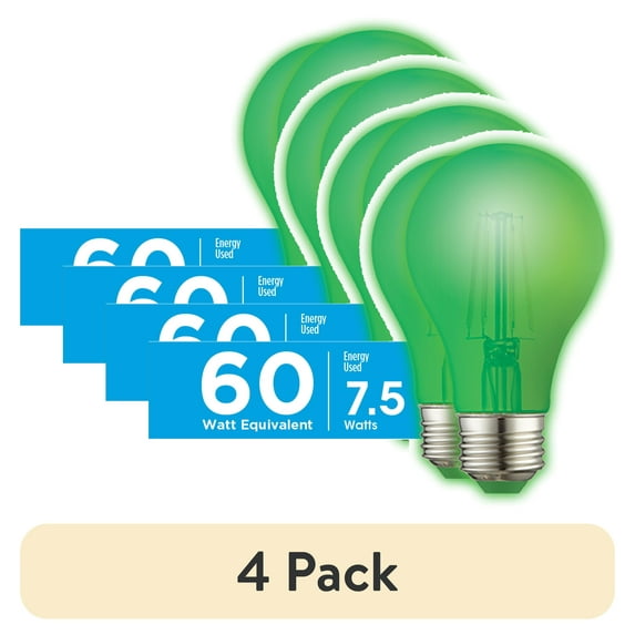 (4 pack) Great Value LED Light Bulb, 7.5 Watts (60W Equivalent) A19 Lamp E26 Medium Base, Non-Dimmable, Green, 2-Pack