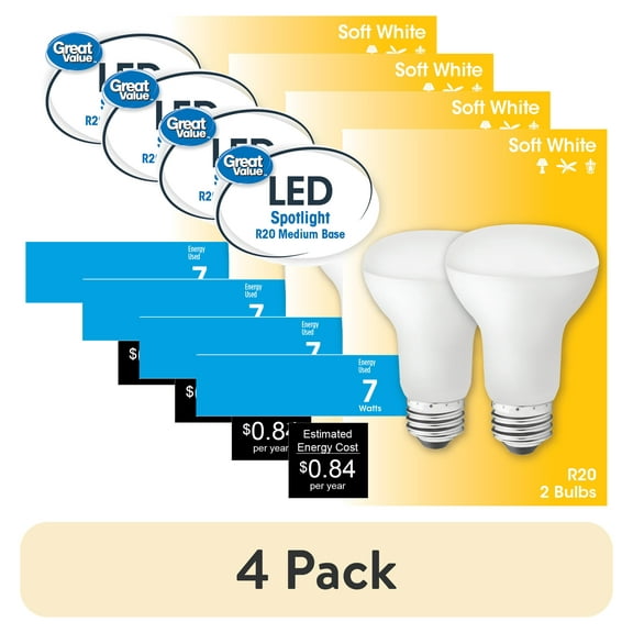 (4 pack) Great Value LED Light Bulb, 7 Watts (50W Equivalent) R20 Floodlight Lamp E26 Medium Base, Dimmable, Soft White, 2-Pack