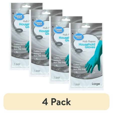 (4 pack) Great Value Latex Multipurpose Reusable Household Gloves, BPA-Free, Teal Color, Large Size