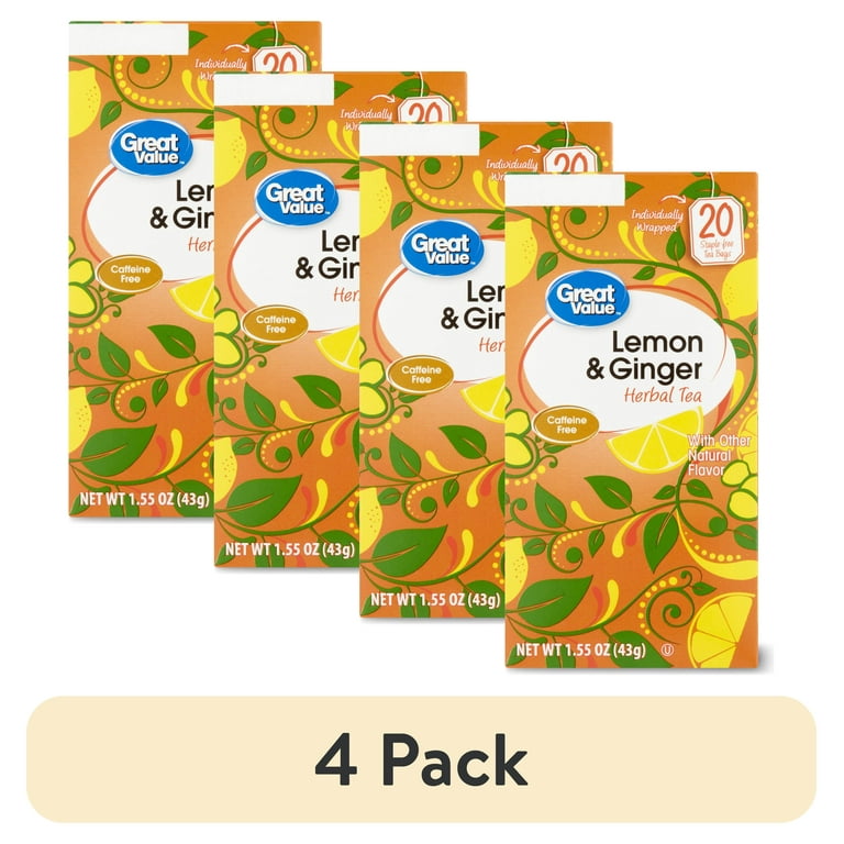 4 pack) Great Value Lemon & Ginger Herbal Tea, 1.55 oz, 20 Ct