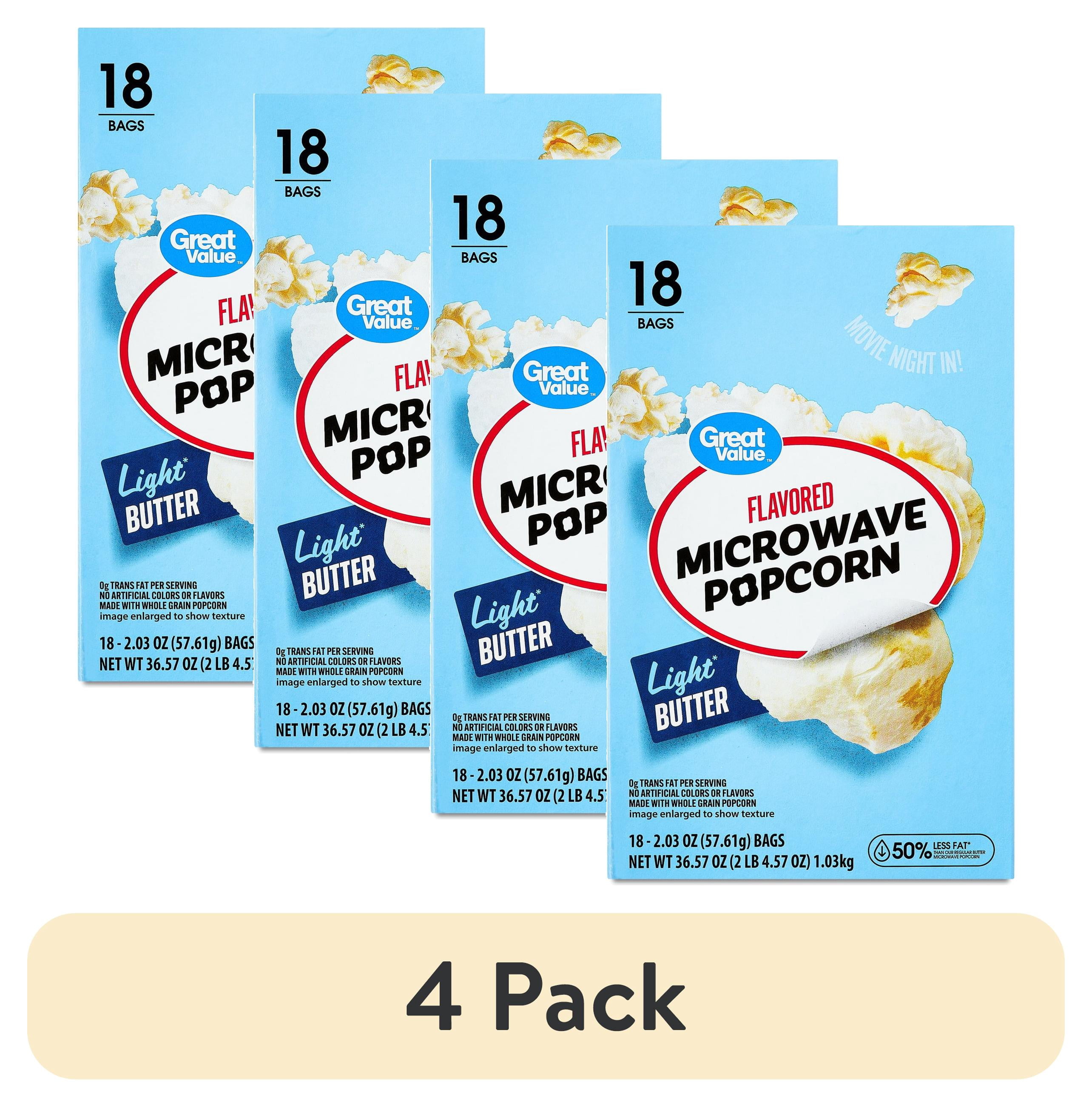(4 pack) Great Value Light Butter Flavored Microwave Popcorn, 2.03 oz, 18 Count