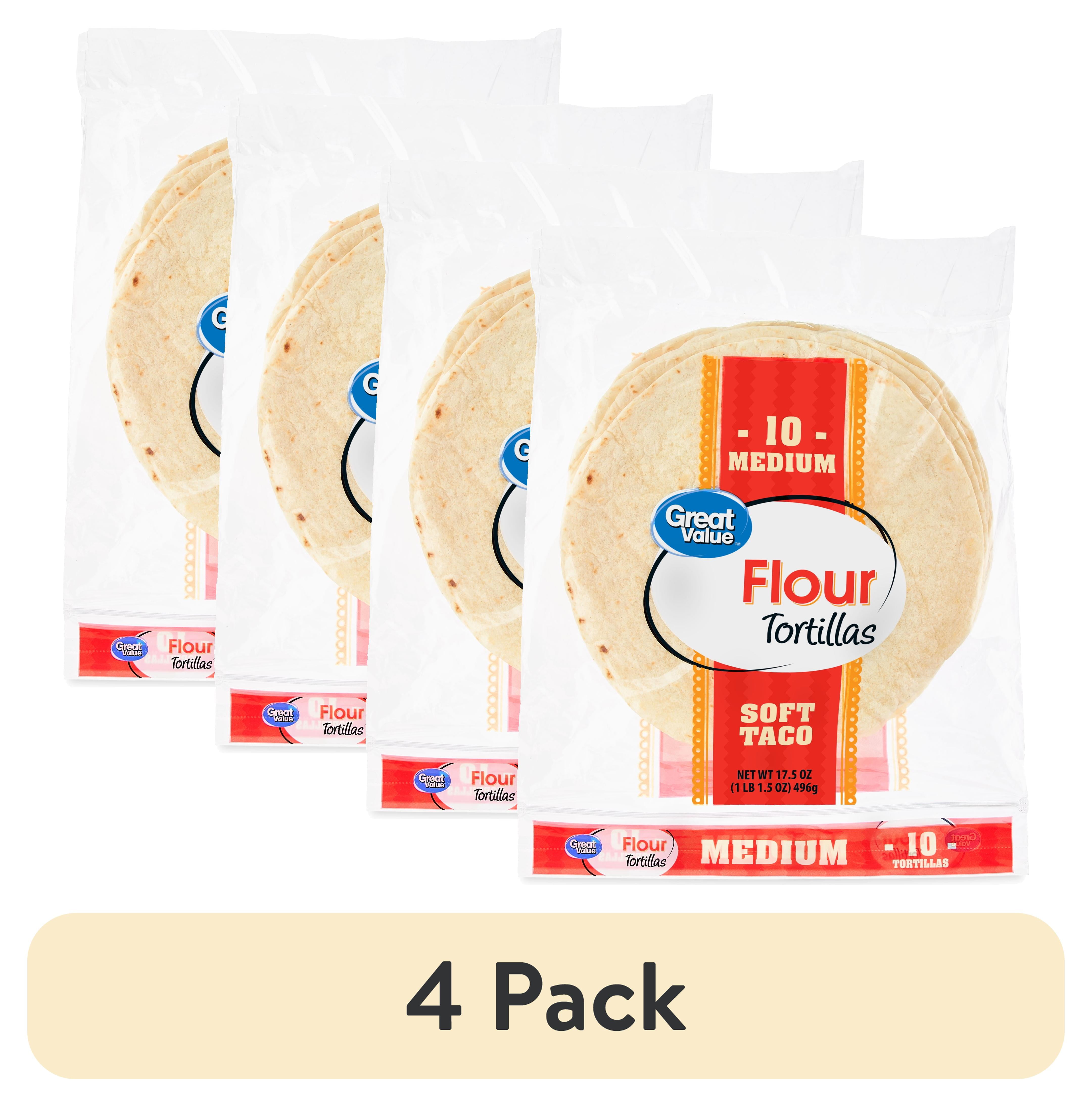 (4 pack) Great Value Medium Soft Taco Flour Tortillas, 17.5 oz Bag, 10 Count (Shelf Stable)