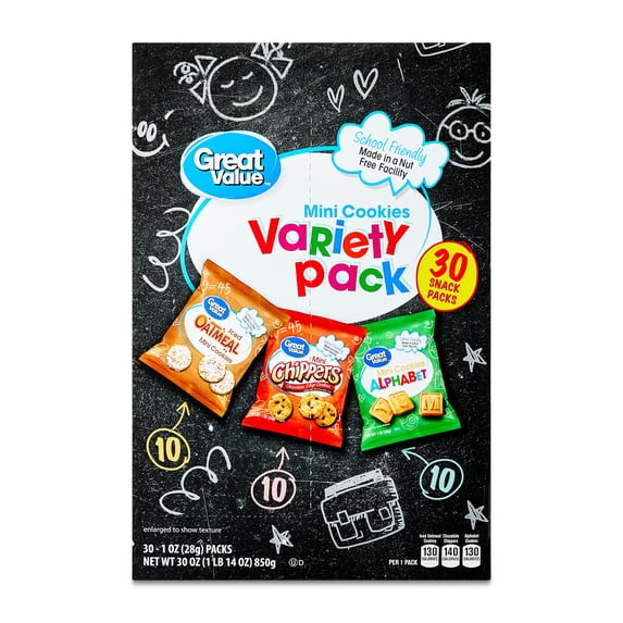 (4 pack) Great Value Mini Alphabet, Chippers & Oatmeal Cookies Variety Pack, 1 oz, 30 Snack Packs