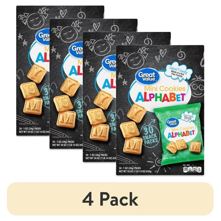 (4 pack) Great Value Mini Alphabet Cookies, 1 oz, 30 Snack Packs