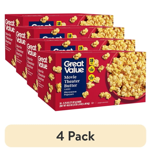 (4 pack) Great Value Movie Theater Butter Microwave Popcorn, 2.75 oz, 18 Count Box