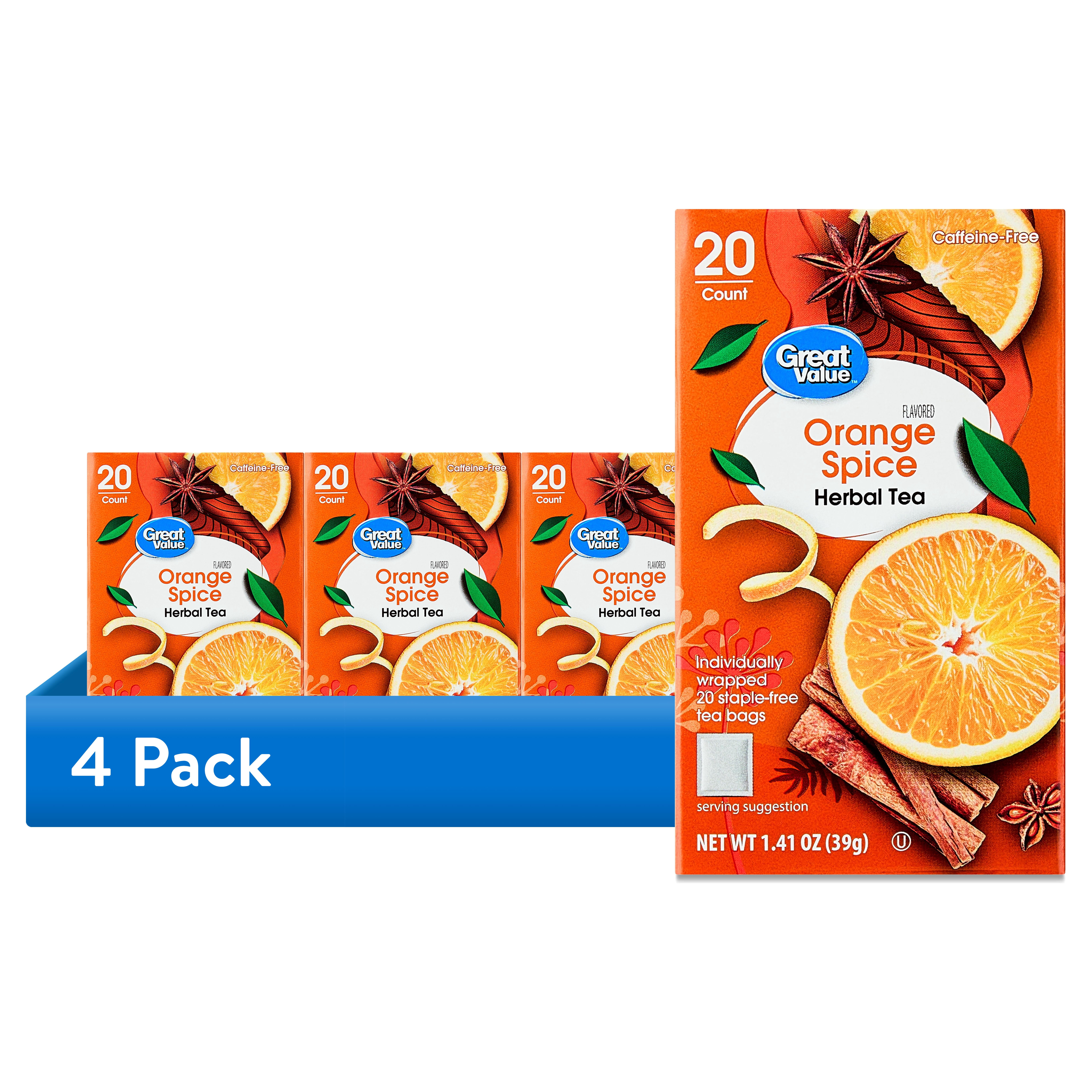 (4 pack) Great Value Orange Spice Herbal Tea Bags, 1.41 oz, 20 Count