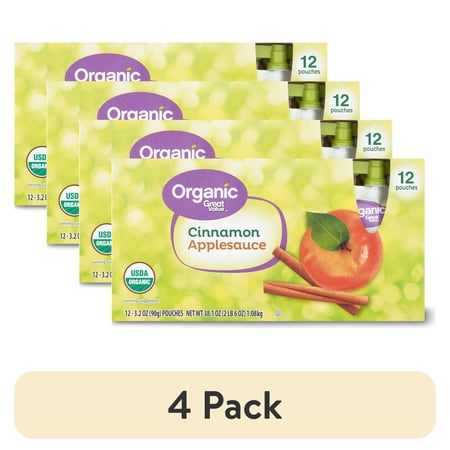 (4 pack) Great Value Organic Cinnamon Applesauce, 3.2 oz, 12 Pouches