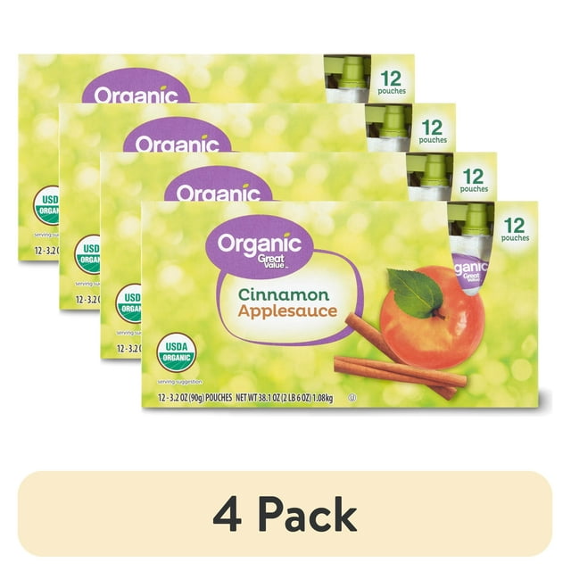 (4 pack) Great Value Organic Cinnamon Applesauce, 3.2 oz, 12 Pouches