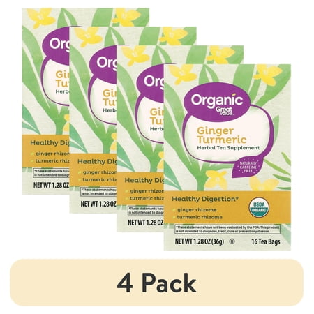(4 pack) Great Value Organic Herbal Tea Supplement, Ginger Turmeric, 1.28 oz, 16 Count
