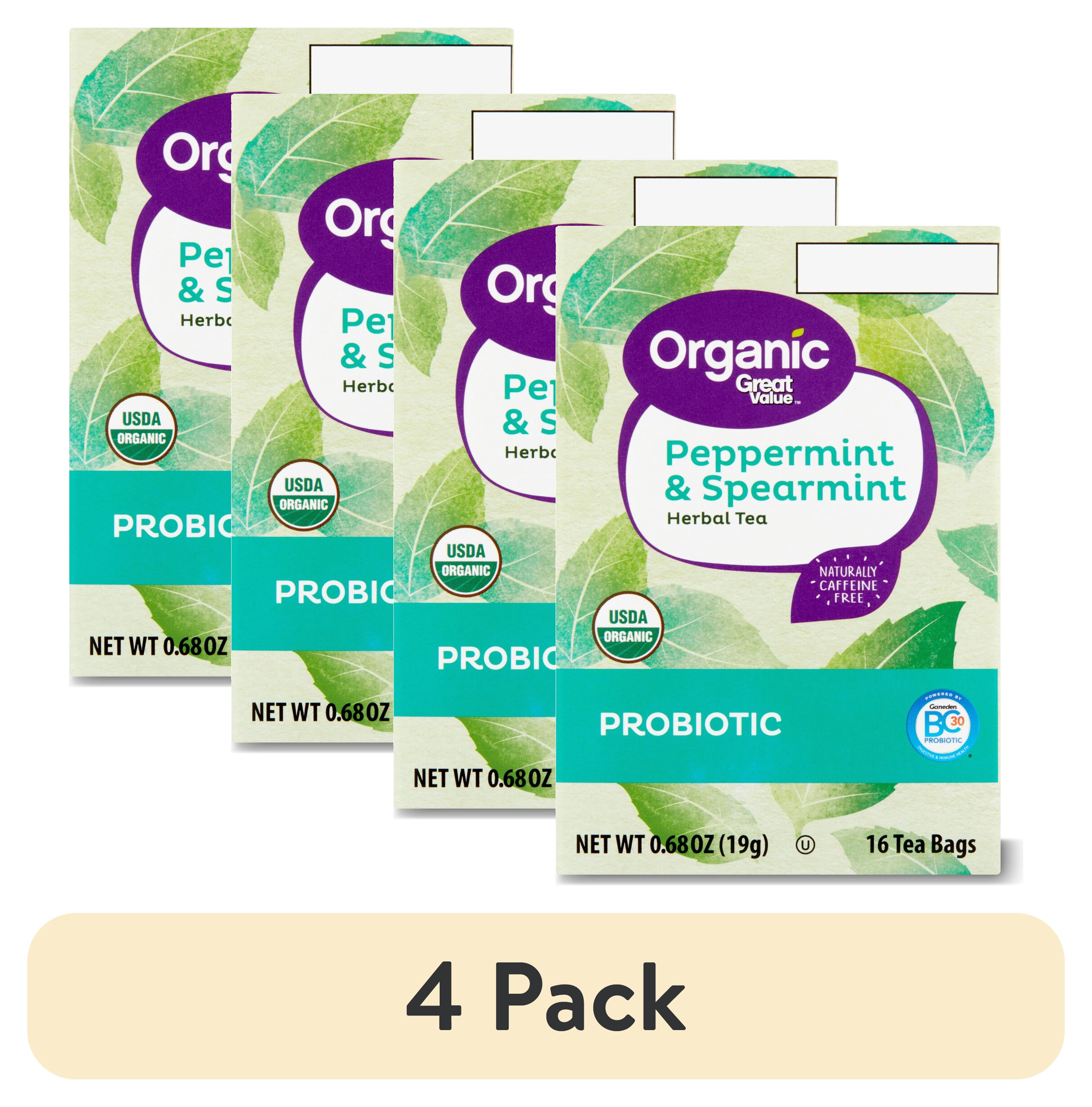 (4 pack) Great Value Organic Peppermint & Spearmint Probiotic Herbal Tea, 0.68 oz, 16 Count