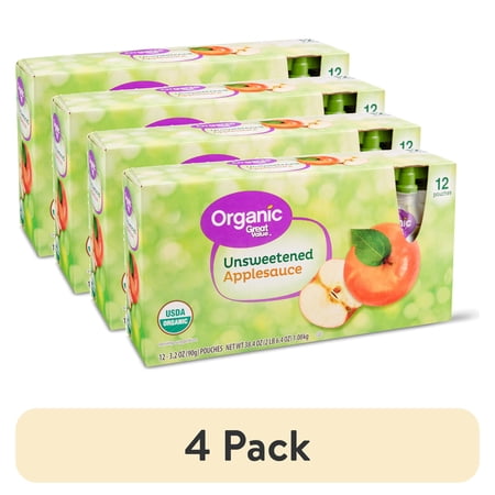 (4 pack) Great Value Organic Unsweetened Applesauce, 3.2 oz, 12 Pouches