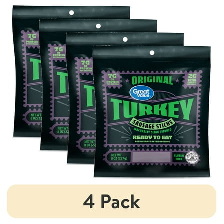 (4 pack) Great Value Original Fully Cooked Turkey Sausage Sticks Resealable Plastic Package, 8 oz