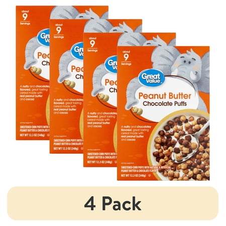 (4 pack) Great Value Peanut Butter Chocolate Puffs Cereal, 12.3 oz