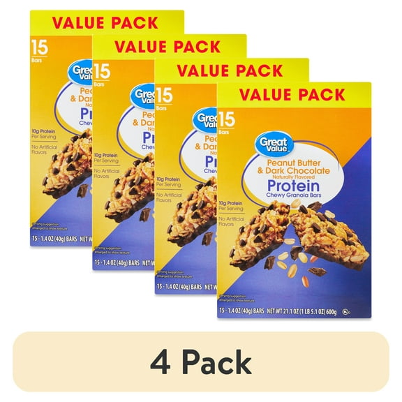 (4 pack) Great Value Peanut Butter & Dark Chocolate Protein Bars, 21.1 oz, 15 Count