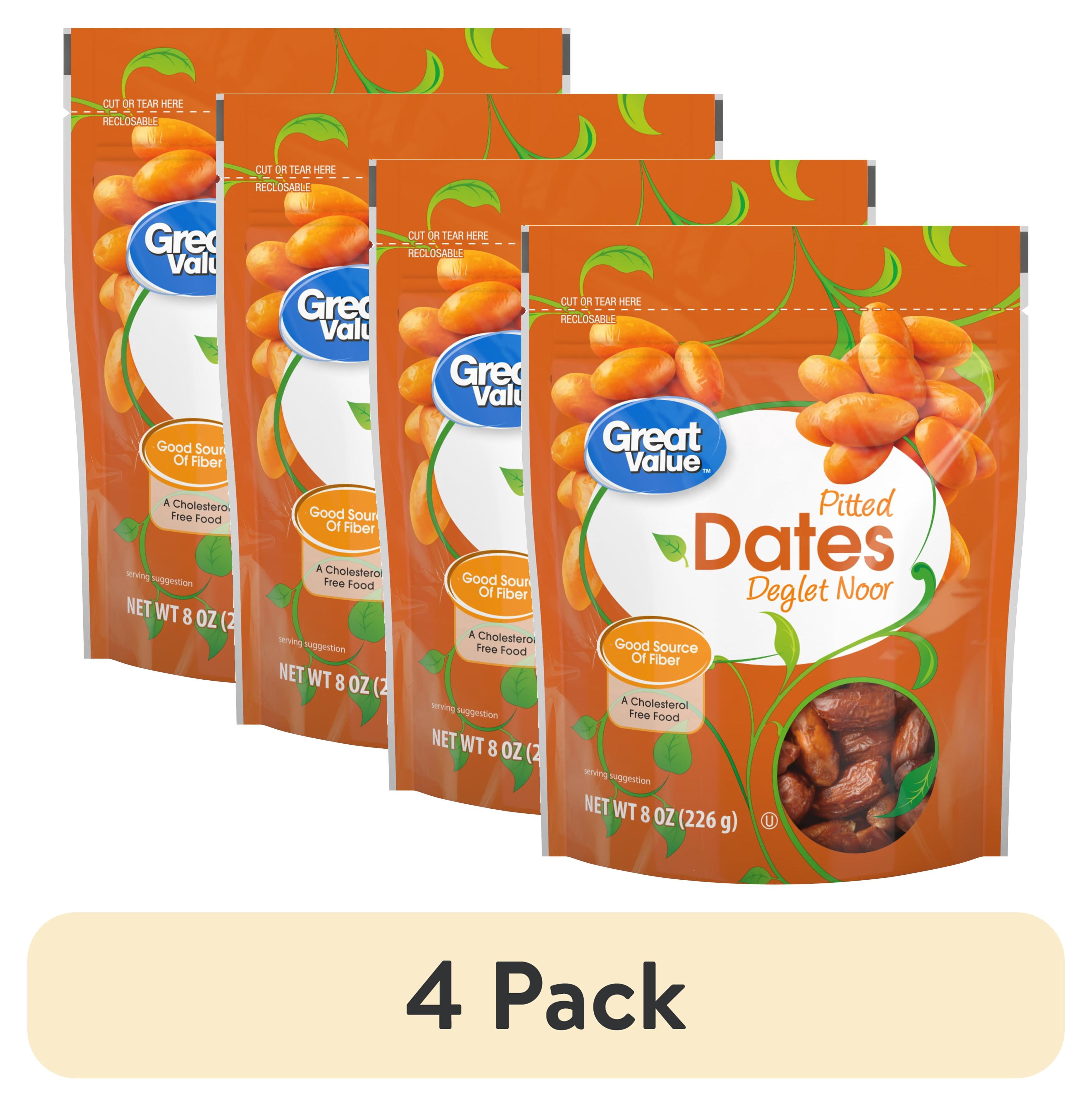 (4 pack) Great Value Pitted Deglet Noor Dates Dried Fruit, 8 oz