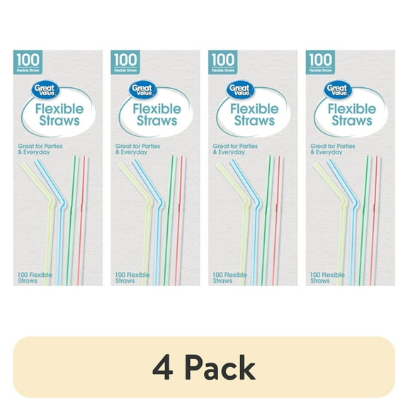 (4 pack) Great Value Plastic Disposable Flexible Straws, Multi-Color, 100 Count