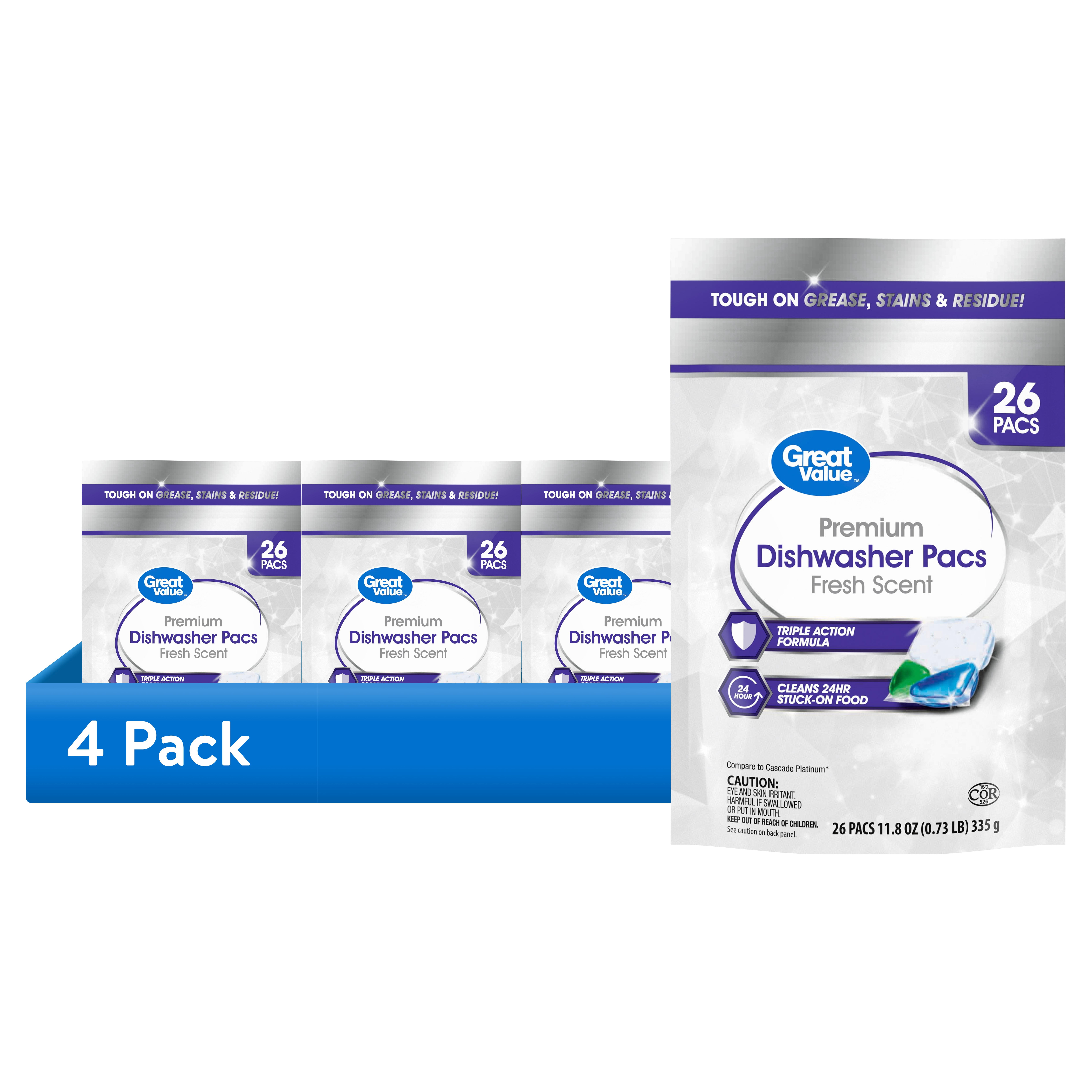(4 pack) Great Value Premium Dishwasher Pacs, Fresh Scent, 26 Count