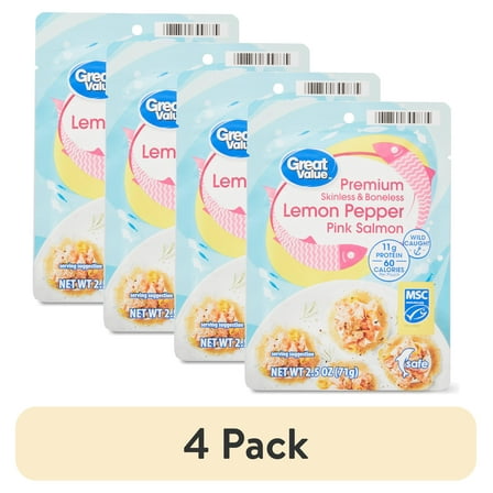 (4 pack) Great Value Premium Skinless & Boneless Lemon Pepper Pink Salmon, 2.5 oz