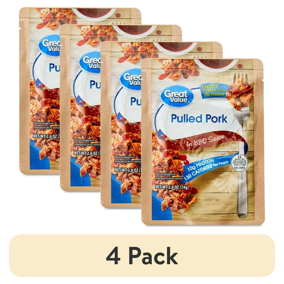(4 pack) Great Value Pulled Pork, in BBQ Sauce, 2.6 oz Pouch