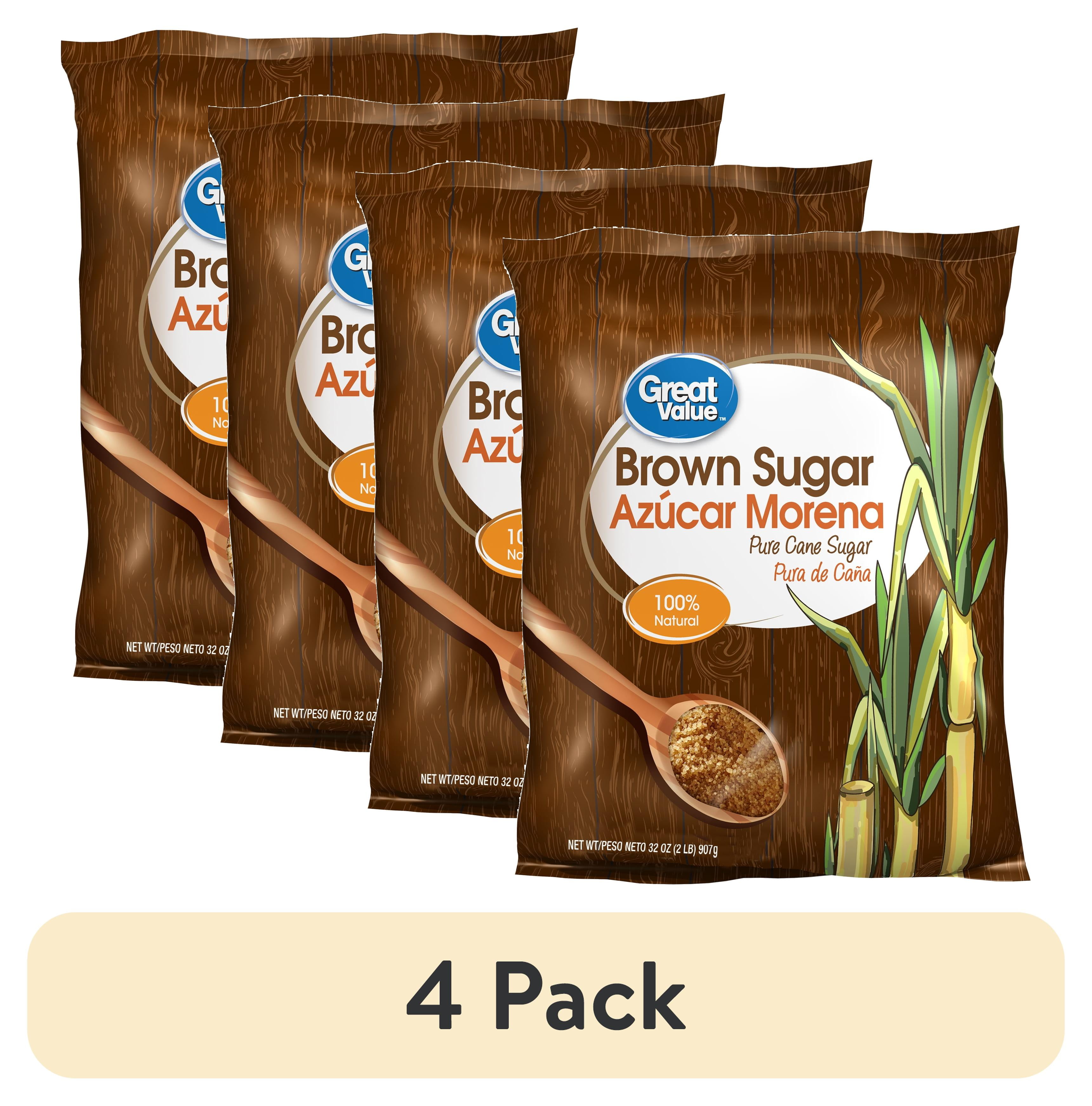 (4 pack) Great Value, Pure Cane Brown Sugar, 32oz (2pd) 907g, Plastic Bag, No Additives and Preservatives