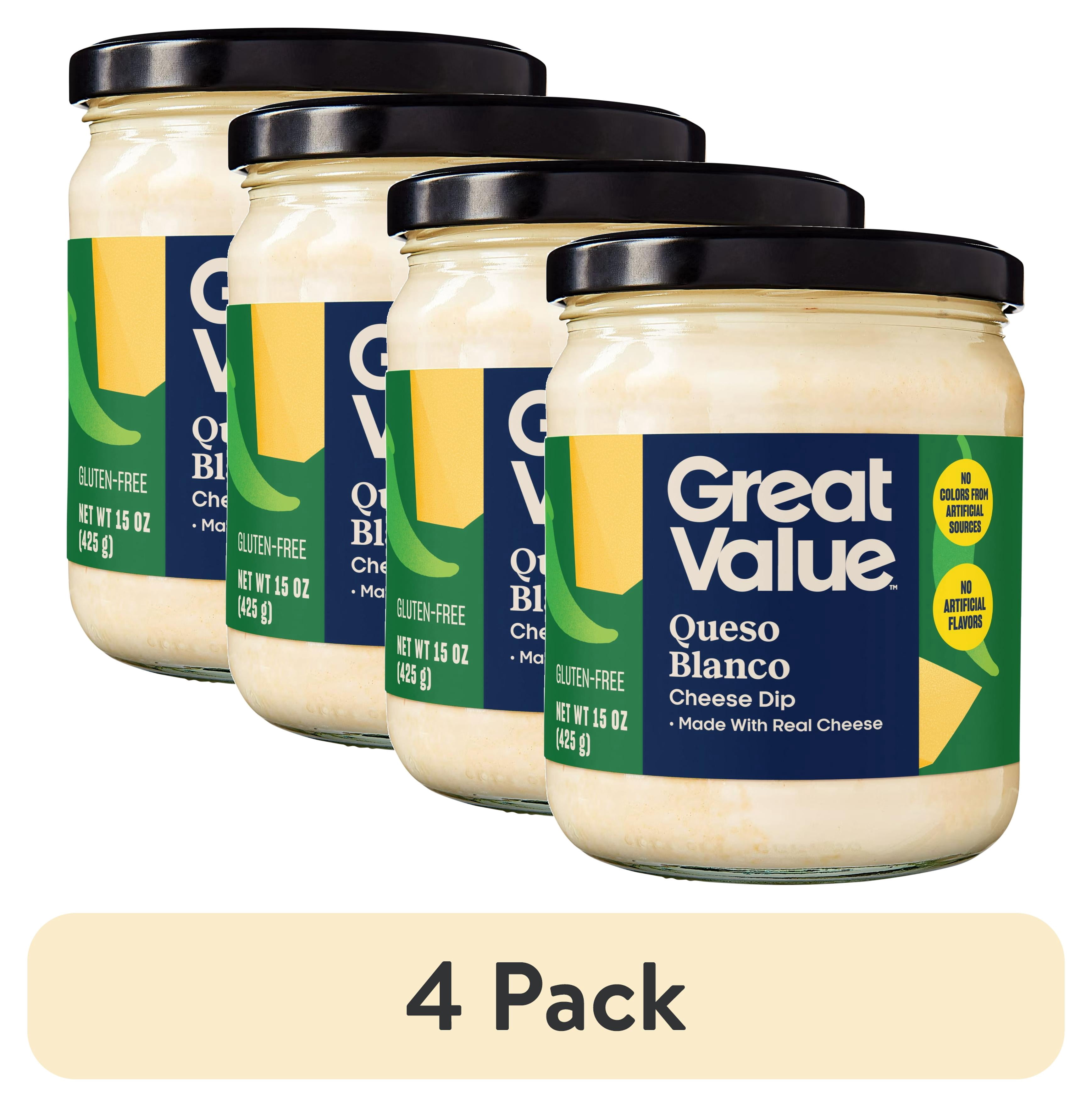 (4 pack) Great Value Queso Blanco Cheese Dip, Gluten-Free, Ready-To-Eat, 15 oz
