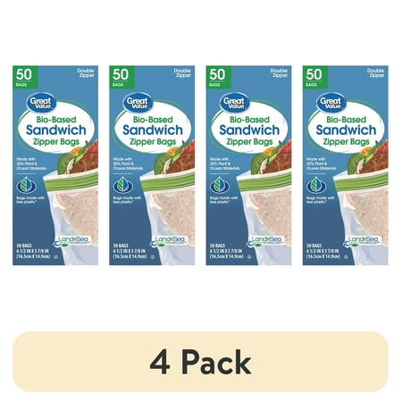 (4 pack) Great Value Reclosable Sandwich Bags, Made with Bio-Based Materials, 50ct