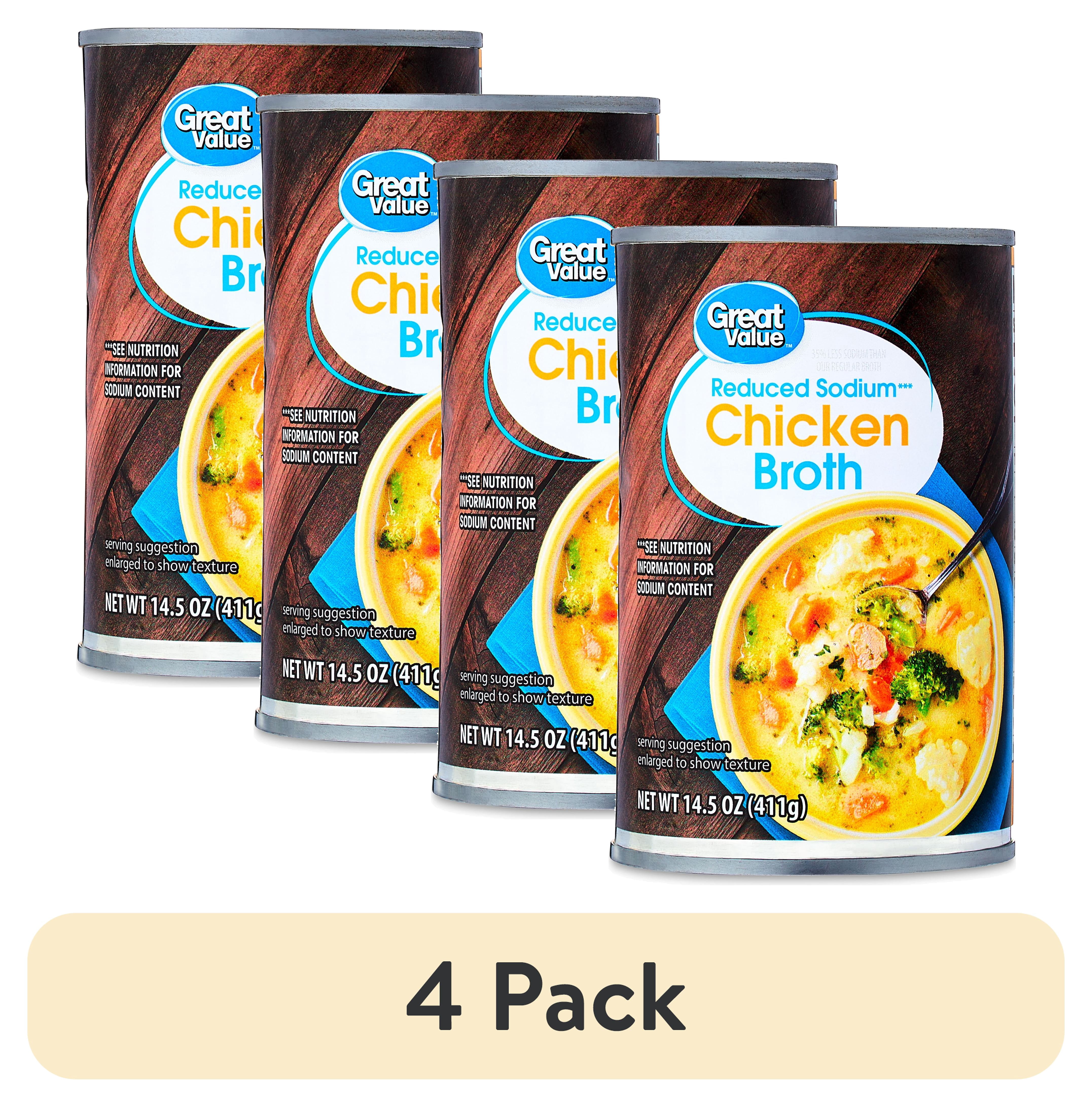 (4 pack) Great Value Reduced Sodium Gluten-Free Chicken Broth, 14.5 oz Can (Shelf-Stable)