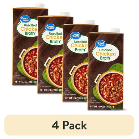 (4 pack) Great Value Reduced Sodium Gluten-Free Chicken Broth, 32 oz Carton (Shelf-Stable)