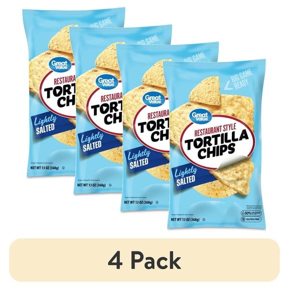 (4 pack) Great Value Restaurant Style Lightly Salted White Corn Tortilla Chips, 13 oz