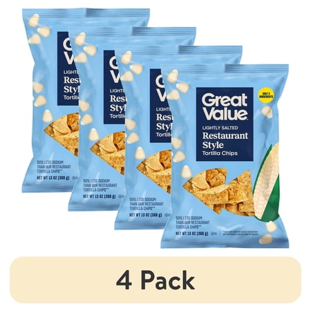 (4 pack) Great Value Restaurant Style Lightly Salted White Corn Tortilla Chips, 13 oz