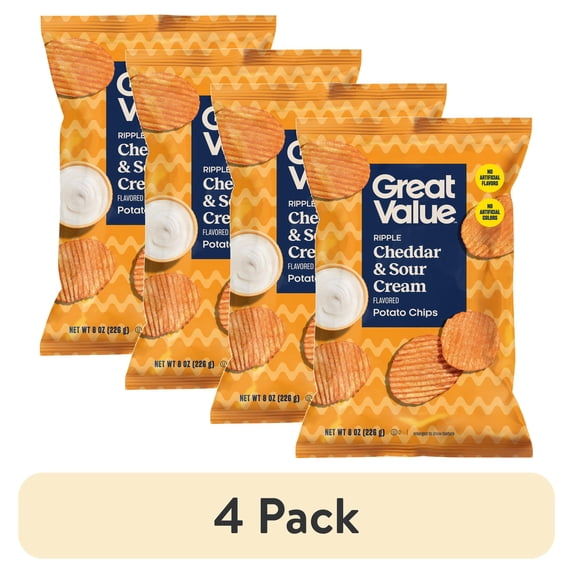 (4 pack) Great Value Ripple Cheddar and Sour Cream Potato Chips, 8 oz Bag