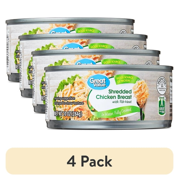 (4 pack) Great Value Shredded Chicken Breast with Rib Meat in Water, 10 oz Can