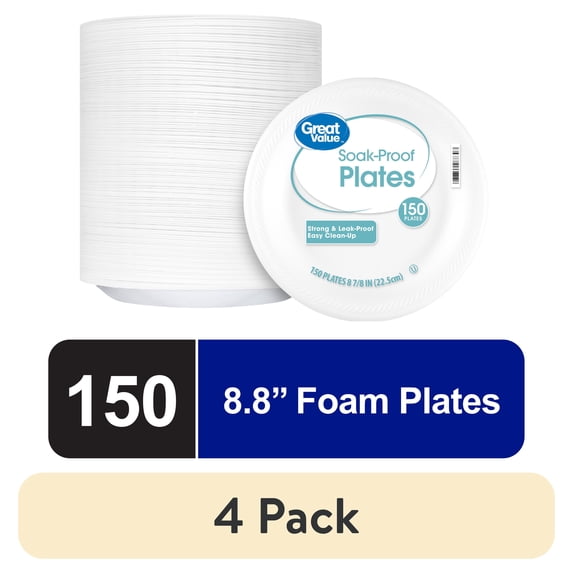 (4 pack) Great Value Soak Proof Foam Foam Plates, White, 8.8 in, 150 Count