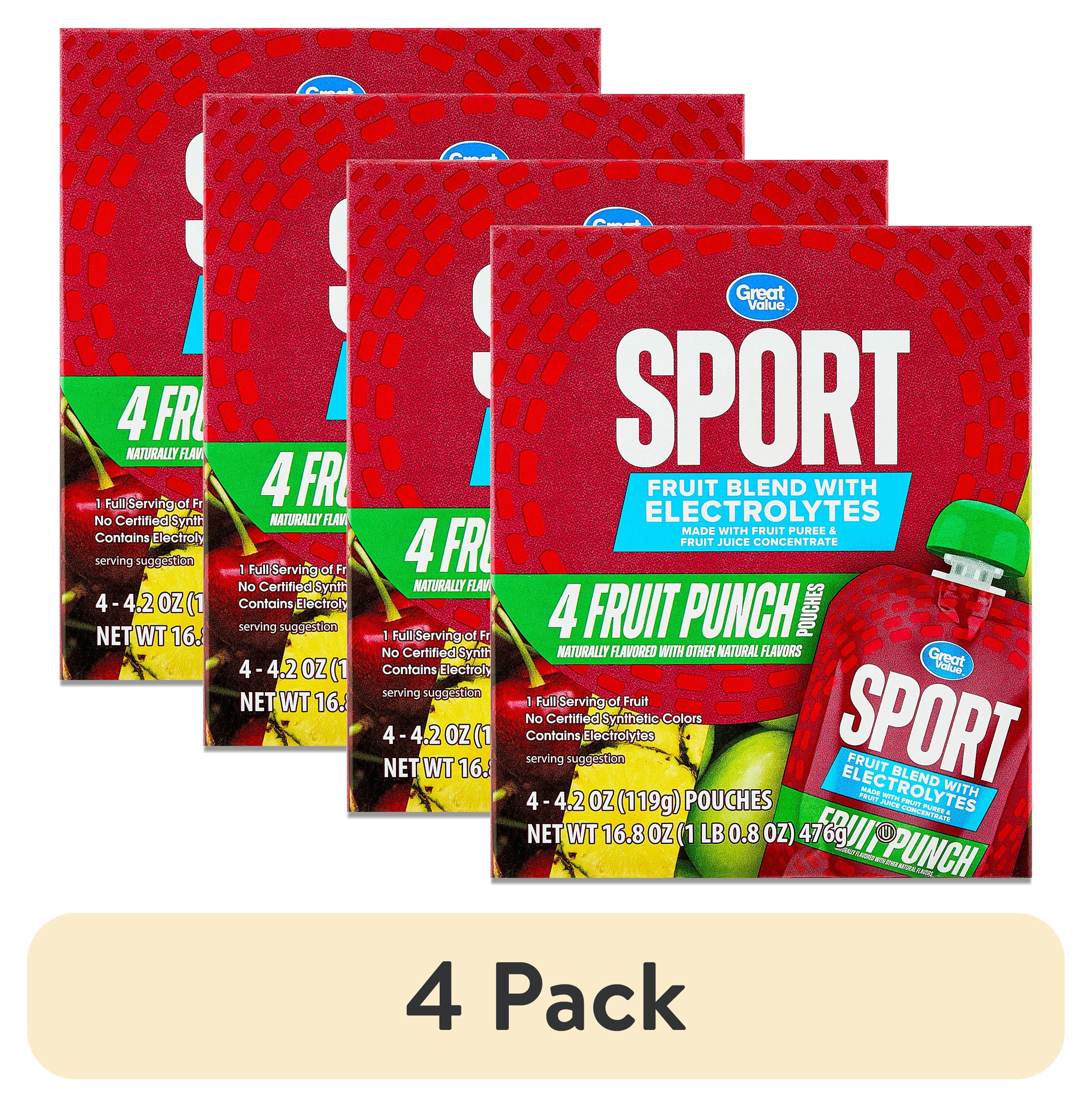 (4 pack) Great Value Sport Fruit Blend Applesauce with Electrolytes, Fruit Punch, 16.8 oz, 4 Count Carton