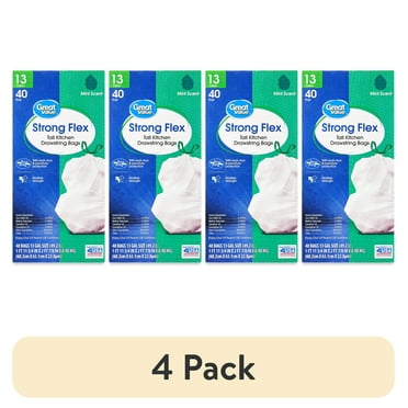 (4 pack) Great Value Strong Flex Tall Kitchen Drawstring Bags, Mint Scent, 13 Gallon, 40 Count