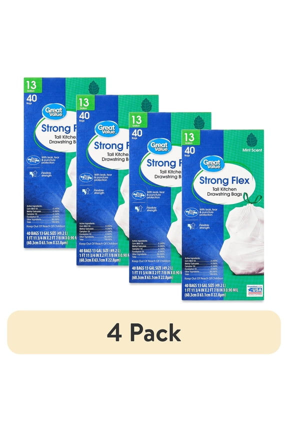 (4 pack) Great Value Strong Flex 13 Gallon Tall Kitchen Trash Bags, Mint Scent, 40 Count
