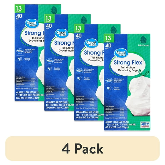 (4 pack) Great Value Strong Flex 13 Gallon Tall Kitchen Trash Bags, Mint Scent, 40 Count