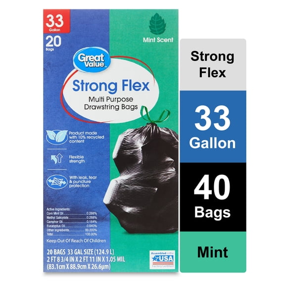 (4 pack) Great Value Strong Flex 33 gal Drawstring Trash Bags, Mint Scent, 20 Count