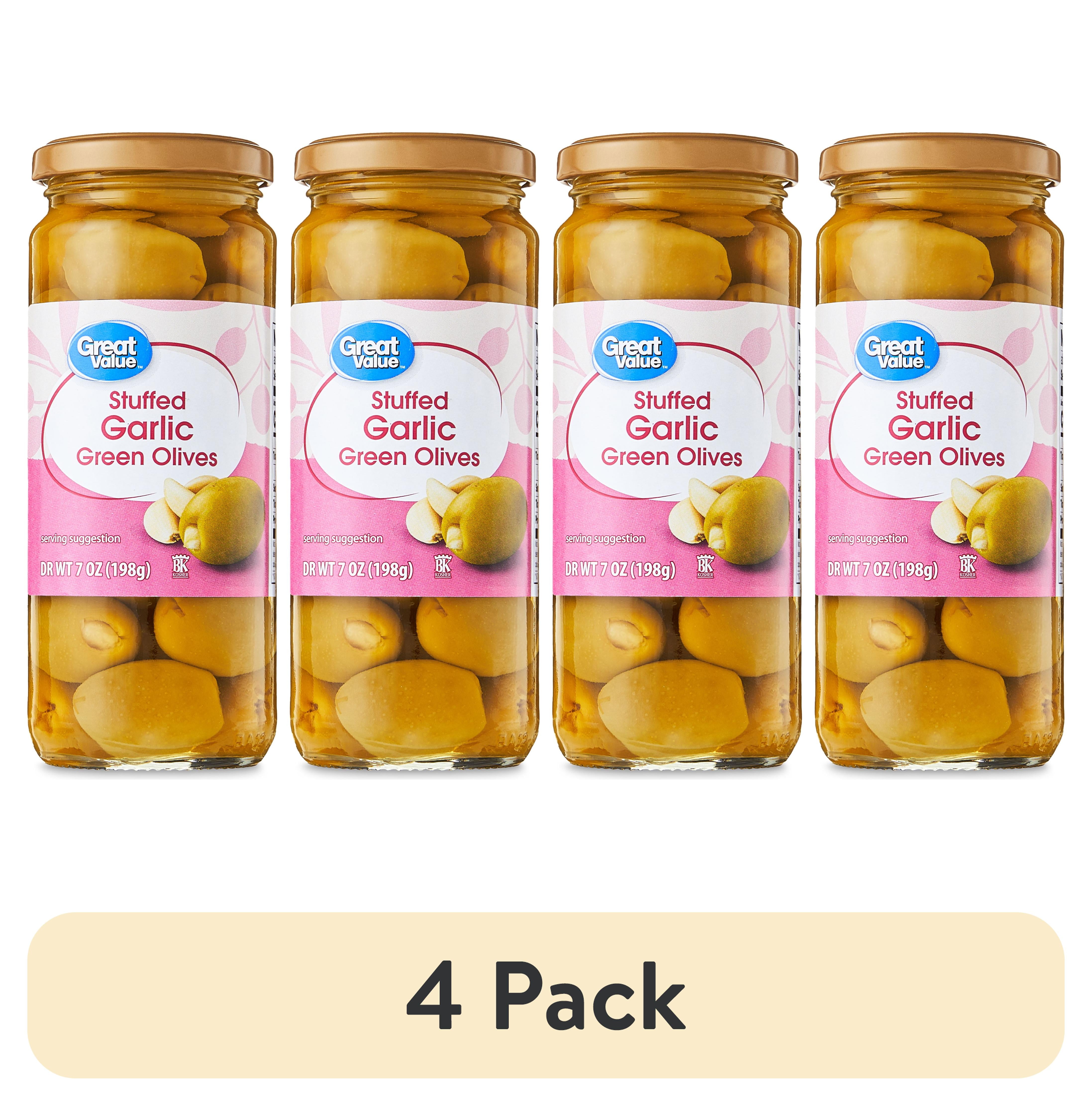 4 pack) Great Value Stuffed Garlic Green Olives, 7 oz Jar
