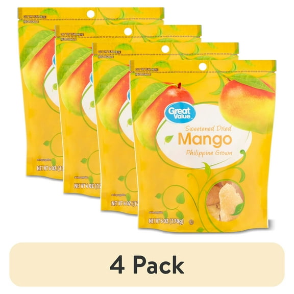 (4 pack) Great Value Sweetened Dried Mango, Philippine Grown, 6 oz