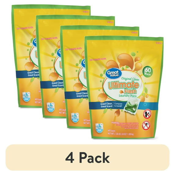 (4 pack) Great Value Ultimate Fresh Laundry Pacs, Original Clean, 60 Count