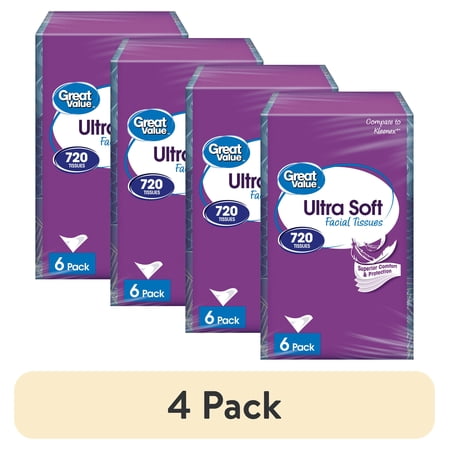 (4 pack) Great Value Ultra Soft Facial Tissues, 6 Flat Cartons, 120 Tissues per Flat, 3-Ply, Compare to Kleenex®