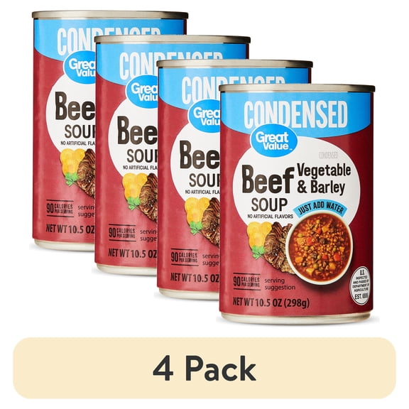 (4 pack) Great Value Vegetable Beef & Barley Condensed Soup, 10.5 oz