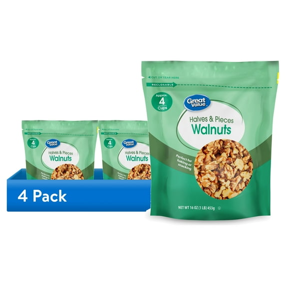 (4 pack) Great Value Walnuts Halves & Pieces, 16 oz