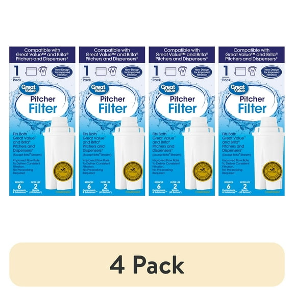 (4 pack) Great Value Water Filter, Fits Great Value & Brita Pitchers, Replacement Filter 1 Count