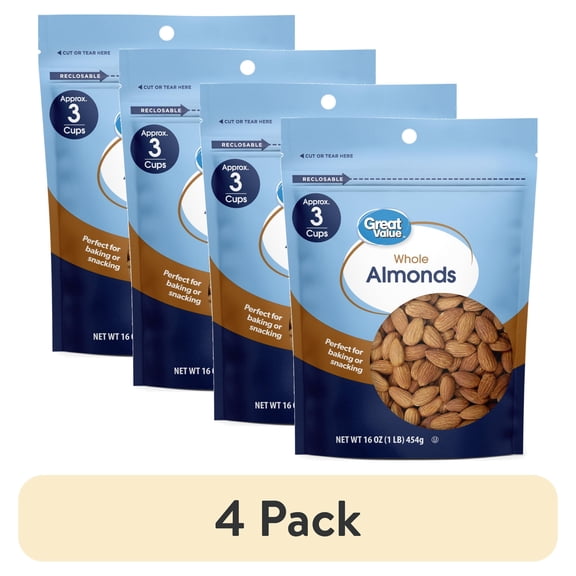 (4 pack) Great Value Whole Almonds, 16 oz