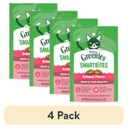4 pack Greenies Feline Smartbites Salmon Flavor Skin & Fur Health Cat Treats, 2.1 oz Pack