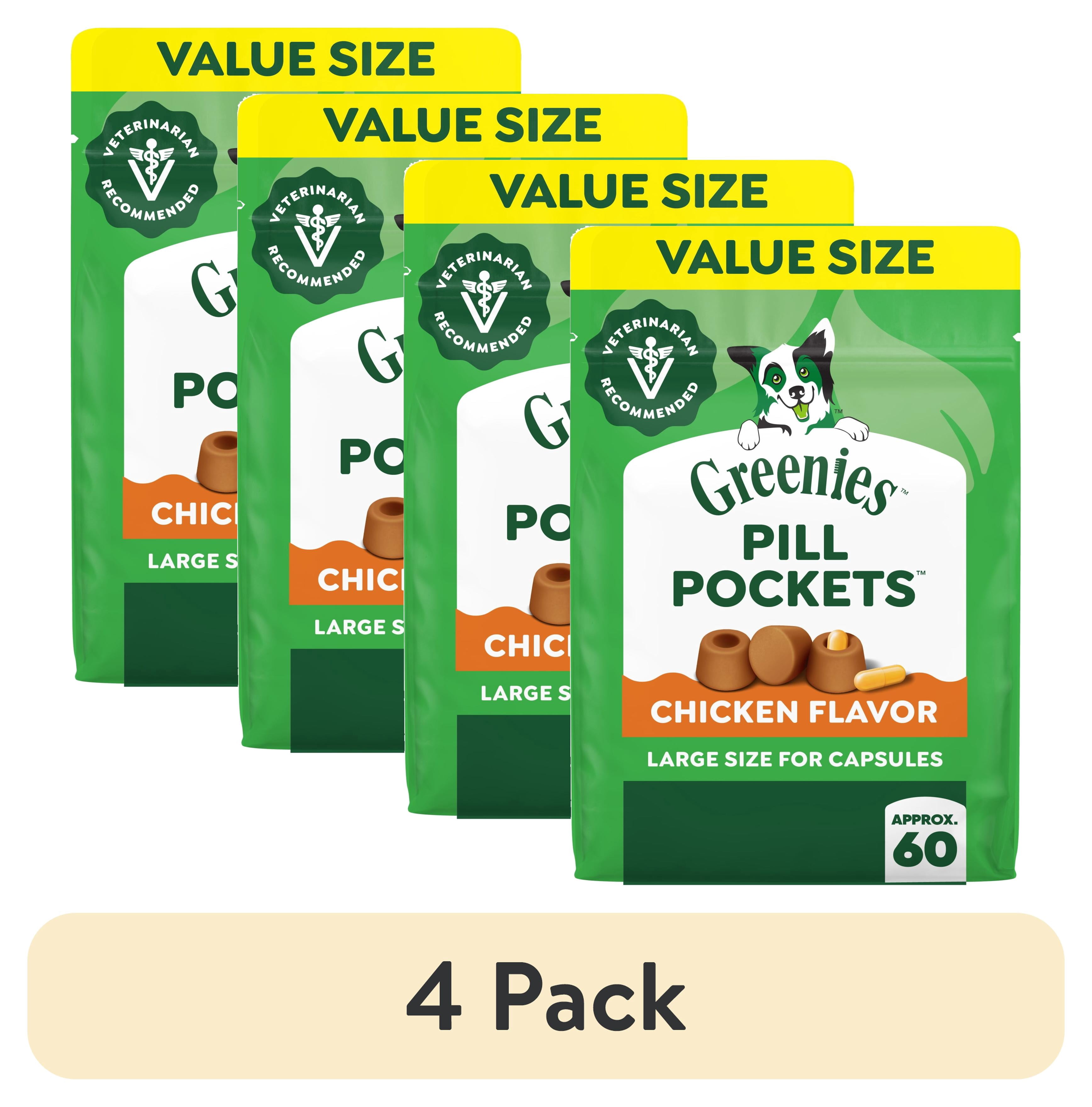 (4 pack) Greenies Pill Pockets for Dogs, Chicken Flavor, Large Size, Soft Dog Treats, 15.8 oz Pouch