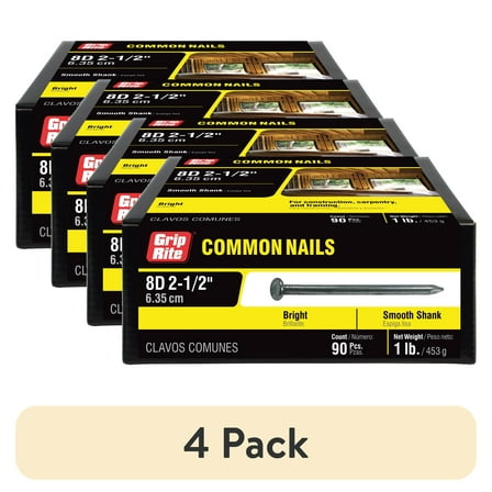 (4 pack) Grip-Rite #10-1/4 x 2-1/2 in. 8-Penny Bright Steel Smooth Shank Common Nails 1lb.